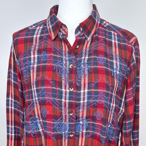 Free People Magical Plaid Embroidered Button Down Top Small Boho Western Fall - Picture 3 of 16